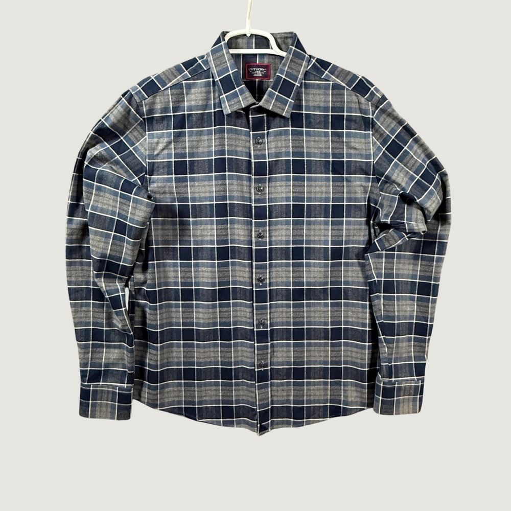 UNTUCKit Sonoran WF Shirt Mens Large Slim Fit Blue Grey Plaid Wrinkle Free 40218
